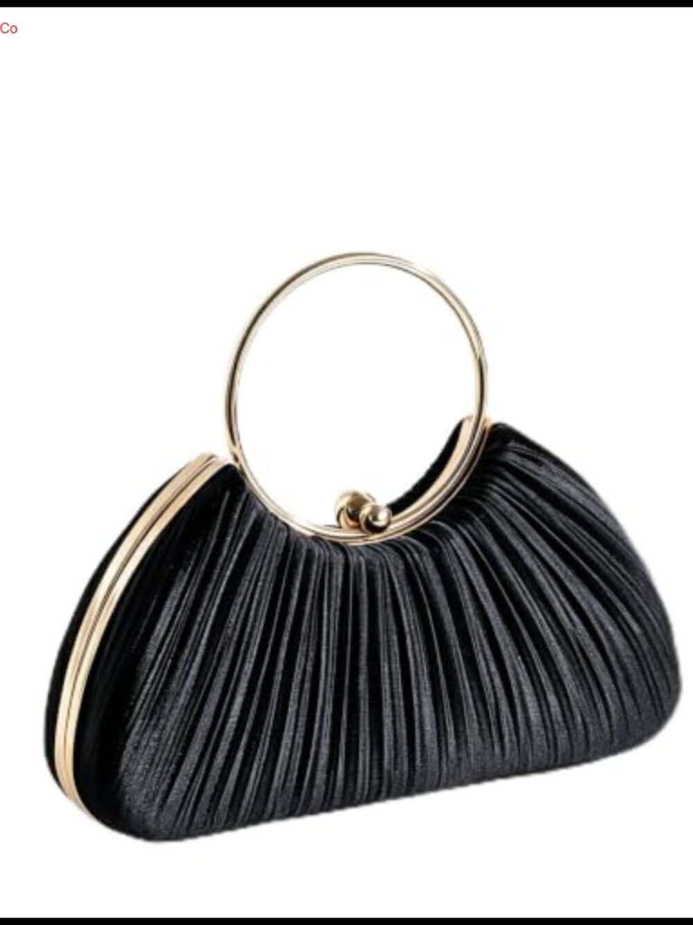 Pleated Satin Evening Clutch Gold Ring Handle Kiss-Lock Formal Bag